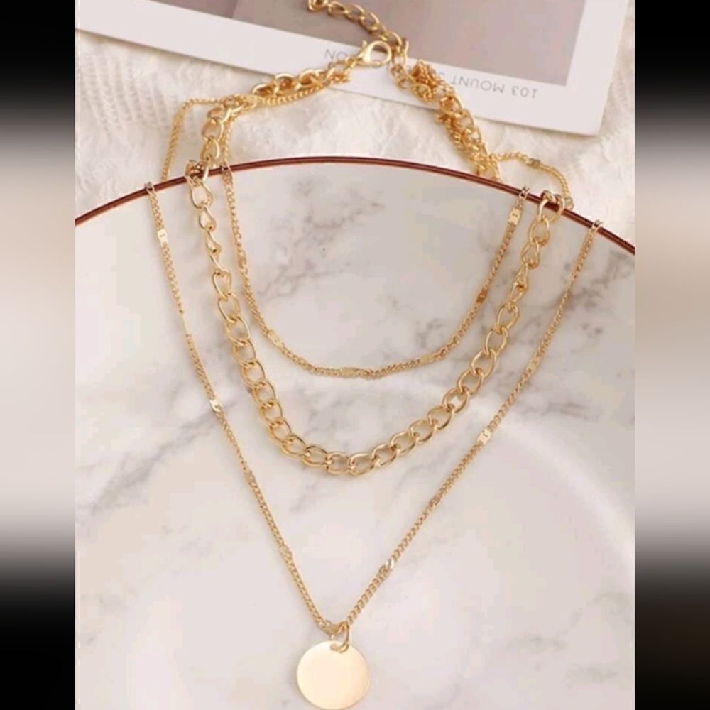 Chunky layered statement necklace set Boho gold plated chain link discs - Picture 4 of 4